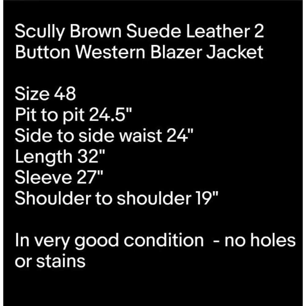 Scully Brown Suede Leather 2 Button Western Blazer Jacket Pockets Sz 48